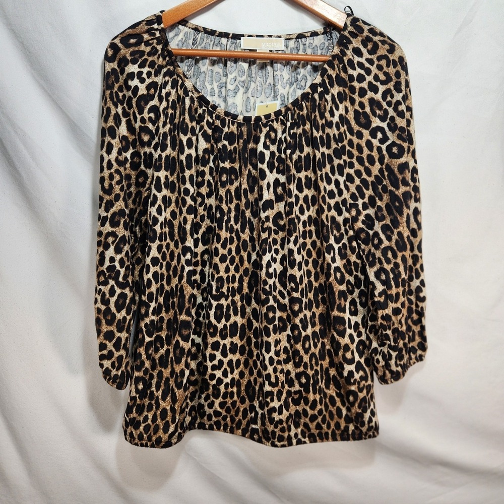 Michael Kors Womens Leopard Animal Print Blouse Shirt Size Medium Brown NWT